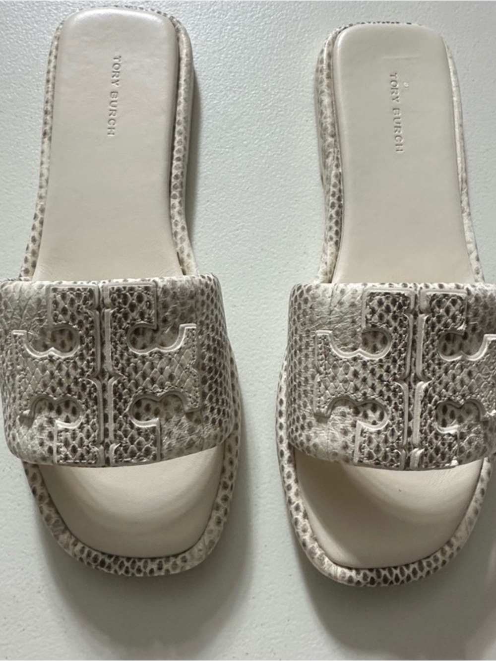 Tory Burch Ivory Snake-Embossed Slide Mules